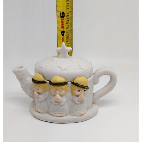 Hallmark Houston Harvest Teapot Praying Angels Stars Lid Ceramic White 3.5" VTG - Picture 7 of 9